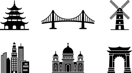 Cityscapes landmarks architecture building vector icons travel tourism cultural heritage design elements set editable stock vector illustration