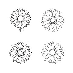 Vector illustration of four elegant outlined sunflowers in a simple and classic design