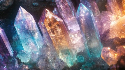 Obraz premium Colorful Crystals Shining in Geode Arrangement Reflecting Light with Vibrant Hues and Intricate Details