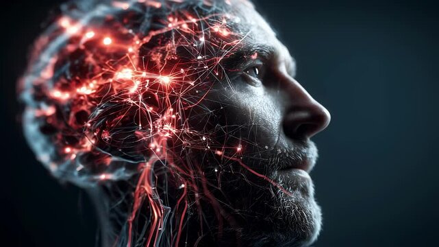 Medical animation showing neural network repairing inside a man's head after suffering a concussion injury, visualizing the healing process within the brain