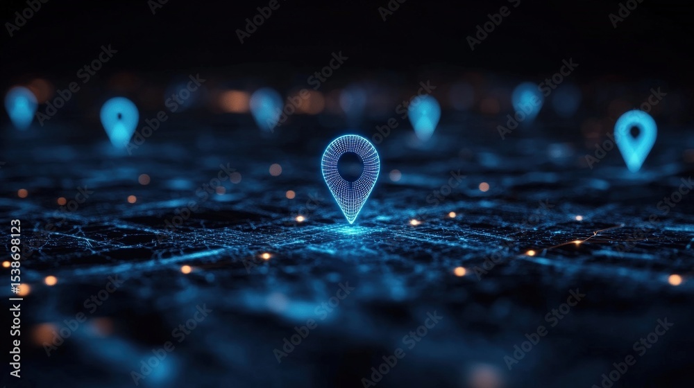 Poster digital 3d map with glowing blue location pins marking various points on a dark network grid.