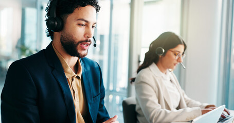 Call center, consultant and man coworking on computer for debt collection, loan or question. Agent,...