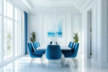 high detail image of White dining room interior blue chairs high detail
