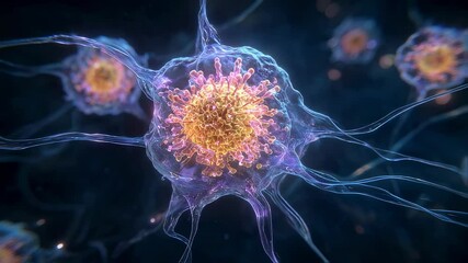 Microscopic view of epstein barr viruses infecting b lymphocyte cells, showcasing biological processes and viral infection mechanisms within human body - Powered by Adobe