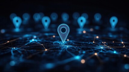 A digital map with glowing blue location pins connected by a network of lighted lines symbolizing geolocation and connectivity in technology.