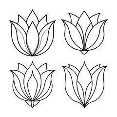 Set of four detailed black and white outline illustrations of lotus flower designs