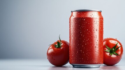 Red aluminum can with water droplets, placed next to two fresh tomatoes on a light background.