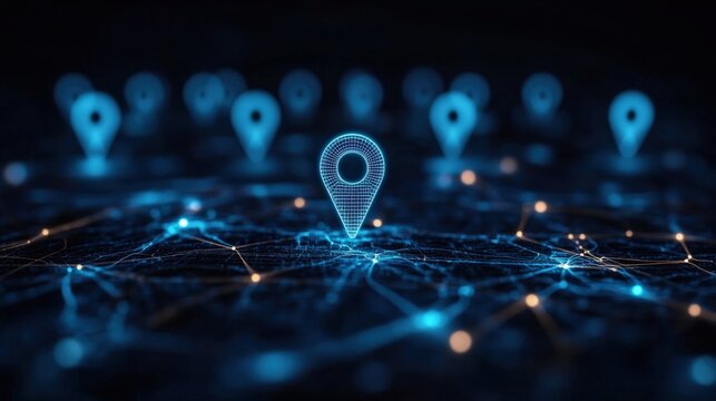 A digital map with glowing blue location pins connected by a network of lighted lines symbolizing geolocation and connectivity in technology.
