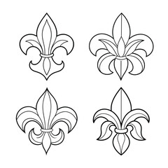 Four detailed fleur de lis designs in black and white isolated on a white background