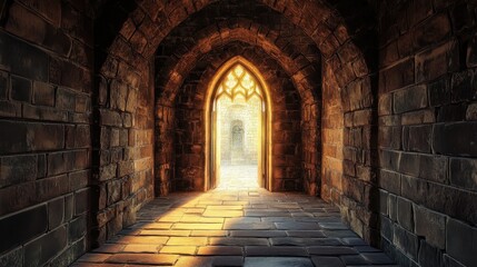 Fototapeta premium Illuminated Castle Doorway: A Gothic Archway Leading to Enchanting Light