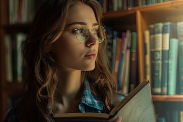 Young Beautiful Woman with Glasses Holding a Notebook and Looking at the Bookshelf