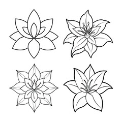 Four detailed black and white floral designs featuring open flowers and buds for decoration