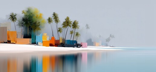 Colorful beach huts and palm trees on tropical shore in dreamy abstract painting style with water reflections. Concept of island escape, artistic travel fantasy, and exotic serenity