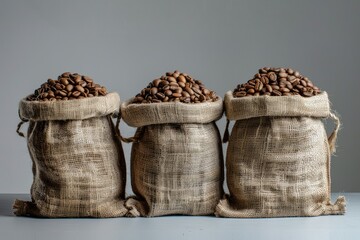 Detailed Color Picture of Three Burlap Sacks Filled with Fresh Roasted Coffee Beans