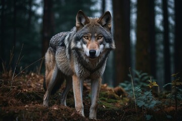 Fototapeta premium Timber wolf stands looking directly at camera in a dense, dark forest