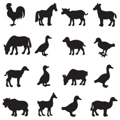 Collection of silhouettes of farm animals - cow, pig, sheep, rabbit, chicken, duck, turkey, goose. Animals side view. Illustration on transparent background