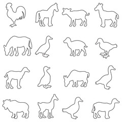Collection of silhouettes of farm animals - cow, pig, sheep, rabbit, chicken, duck, turkey, goose. Animals side view. Illustration on transparent background