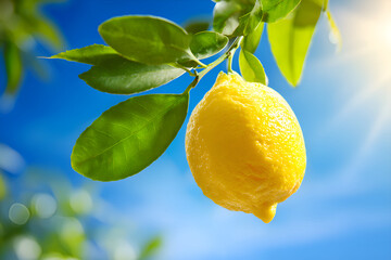 Ripe yellow lemon hanging on branch against blue sky