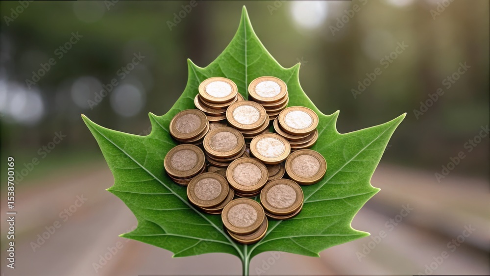 Poster Coins Arranged in 3D Leaf Shape from Unique Perspective V2