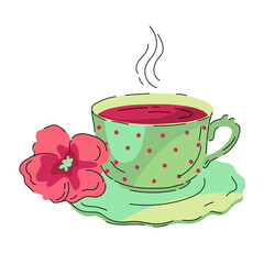Porcelain cup with hot tea. Hibiscus tea in a green cup with dots. Red hibiscus flower lies on the saucer. Elegant cup with steam. Vector illustration, isolated on white. Cute design. Cartoon