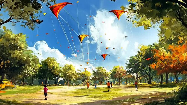 Children flying colorful kites in a vibrant park during autumn with trees and a clear blue sky
