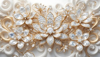 Obraz premium Elegant white flowers with gold accents and crystal embellishments in luxurious 3D style. Perfect for wedding decor, luxury branding, or background designs.