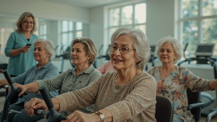 Group of senior women exercising on stationary bikes with instructor in a bright fitness studio
