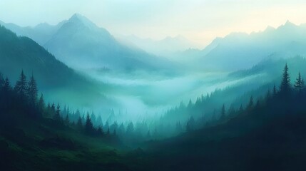 Obraz premium Misty Mountain Landscape with Evergreen Forest and Serene Atmosphere at Dawn in a Tranquil Wilderness Setting