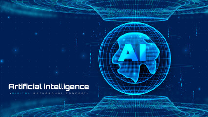 Futuristic technology background with glowing circle mesh and blue neon light effect. Future world backdrop design concept powered by AI artificial intelligence.