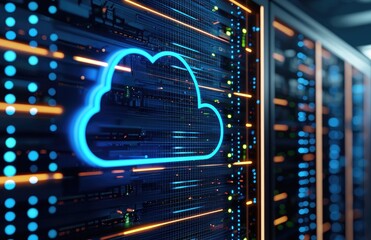 Fototapeta premium Advanced cloud computing server infrastructure with neon blue cloud symbol and vibrant LED indicators, perfect for IT, cybersecurity, and digital transformation visuals