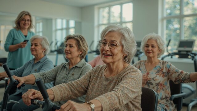 Group of senior women exercising on stationary bikes with instructor in a bright fitness studio - Powered by Adobe