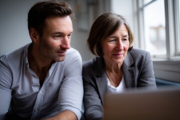 Fototapeta premium Photo of adult couple in their thirties looking at laptop, engaged in conversation, with warm and inviting atmosphere. couple appears focused and connected, showcasing moment of collaboration