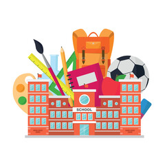 School building icon with school supplies in the background. Notebook, backpack, paints and more.