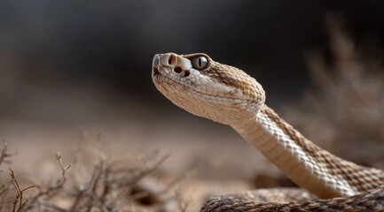 Fototapeta premium Close up of rattlesnake showcasing its head and neck, highlighting intricate scales and striking features. image captures snake alert expression natural setting, evoking sense of fascination