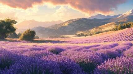 Obraz premium Serene Lavender Fields Under Colorful Sunset with Rolling Hills and Mountains in the Background