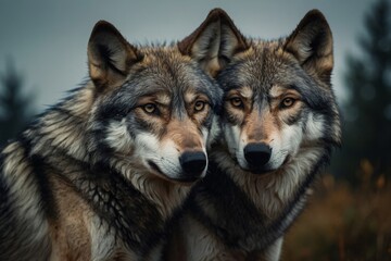 Obraz premium Intimate Portrait of Two Wolves Staring Directly at the Viewer