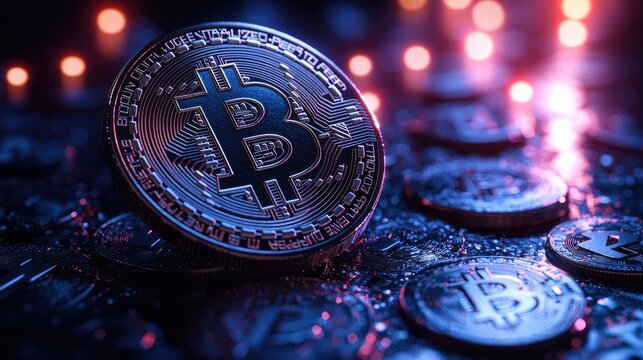 Digital Cryptocurrency Coin in Bokeh Background