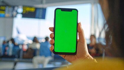 POV, Person using smartphone with green screen at airport terminal or train station, waiting for transport. Copy space