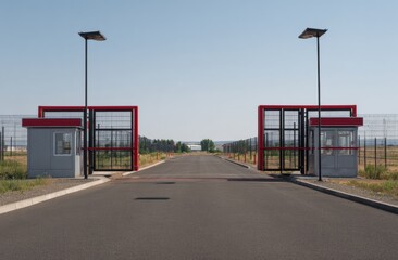 An open gate and guardhouse a road running into the distance under a clear sky