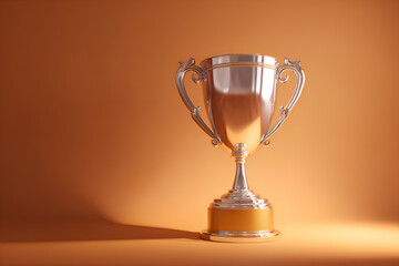 Silver trophy cup shining on orange background representing victory and achievement