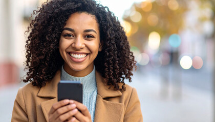 Young woman reading a message on the phone in the city
