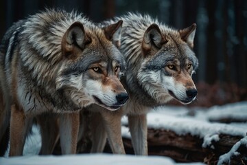 Fototapeta premium Two Wolves Together in Snowy Forest Landscape Observing Prey