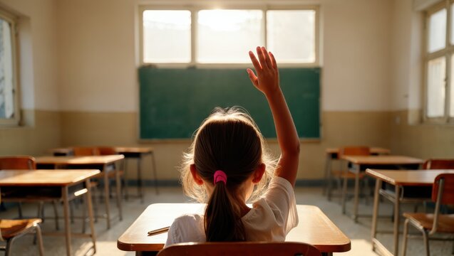 A young girl is seen from behind in a classroom, raising her hand confidently, symbolizing active participation and a desire to learn.