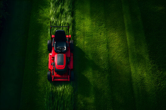 Red lawn mower cutting grass in garden, top view