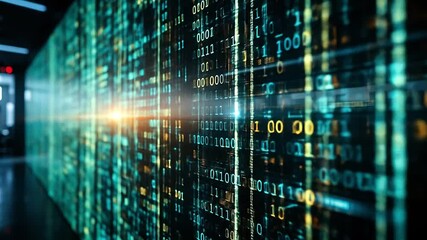 Tech interface with binary code running vertically on holographic wall - Powered by Adobe