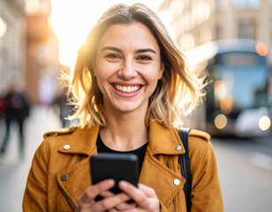 Woman on street using phone at evening
