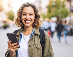Young woman reading a message on the phone in the city
