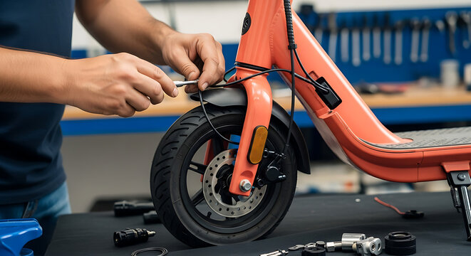 Man repairing electric scooter with tools in workshop environment  