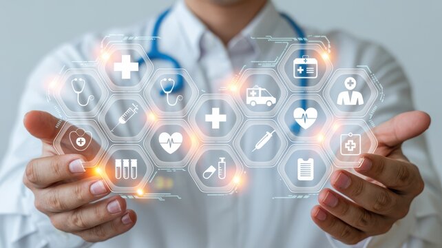 Futuristic healthcare interface with doctor and medical icons, symbolizing smart healthcare systems, diagnostics, and technological progress in patient care. - Powered by Adobe