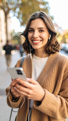 Optimistic young woman with headphones smiling outside in the city holding a smartphone